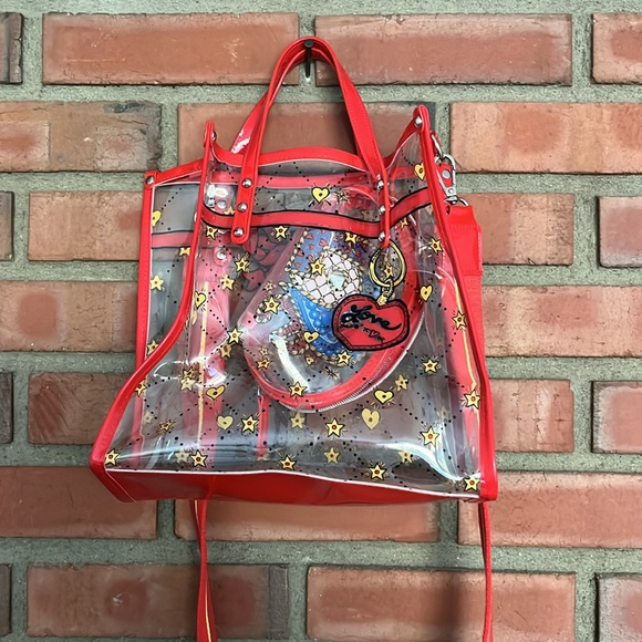 Brighton clear vintage tote combo bag red clear gold comes with makeup bag - Picture 3 of 13